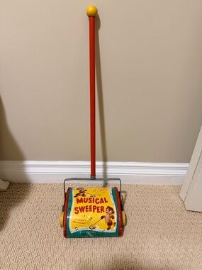 Fisher-Price Musical Sweeper Push Toy - Red, Yellow, Teal. 1950’s